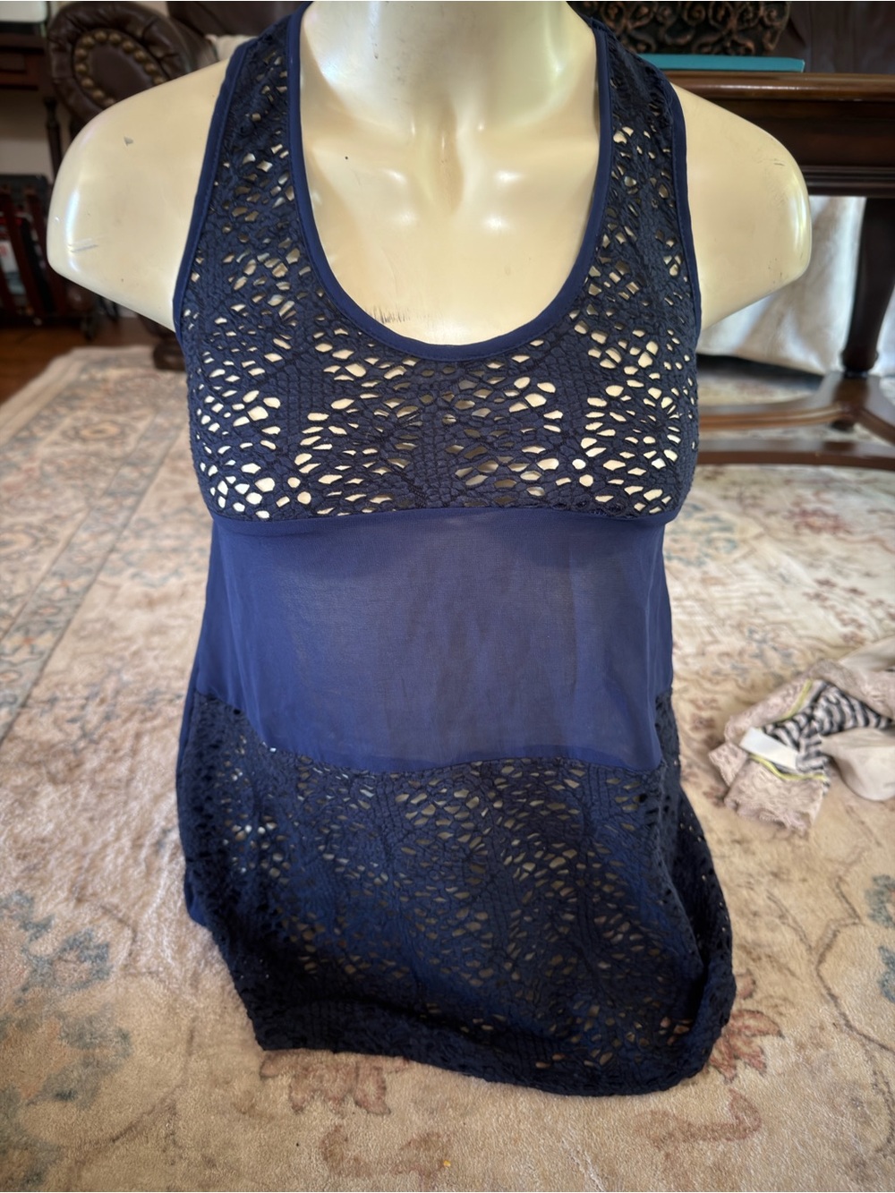 Women's Navy Crochet Racerback Tank with Sheer Midsection